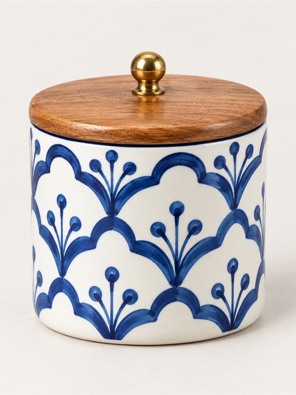 Blue & White Ceramic Jar with Wood Lid and Brass Knob